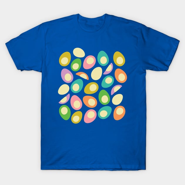 EGGS-CELLENT! Fun Food Hard-Boiled Eggs Easter Picnic Food Kitchen Cooking in Bright Summer Colours on Royal Blue T-Shirt by UnBlink Studio by Jackie Tahara